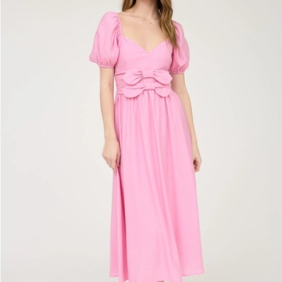 Blu Pepper Pink Midi Dress with Puff Sleeves - Picture 1 of 4